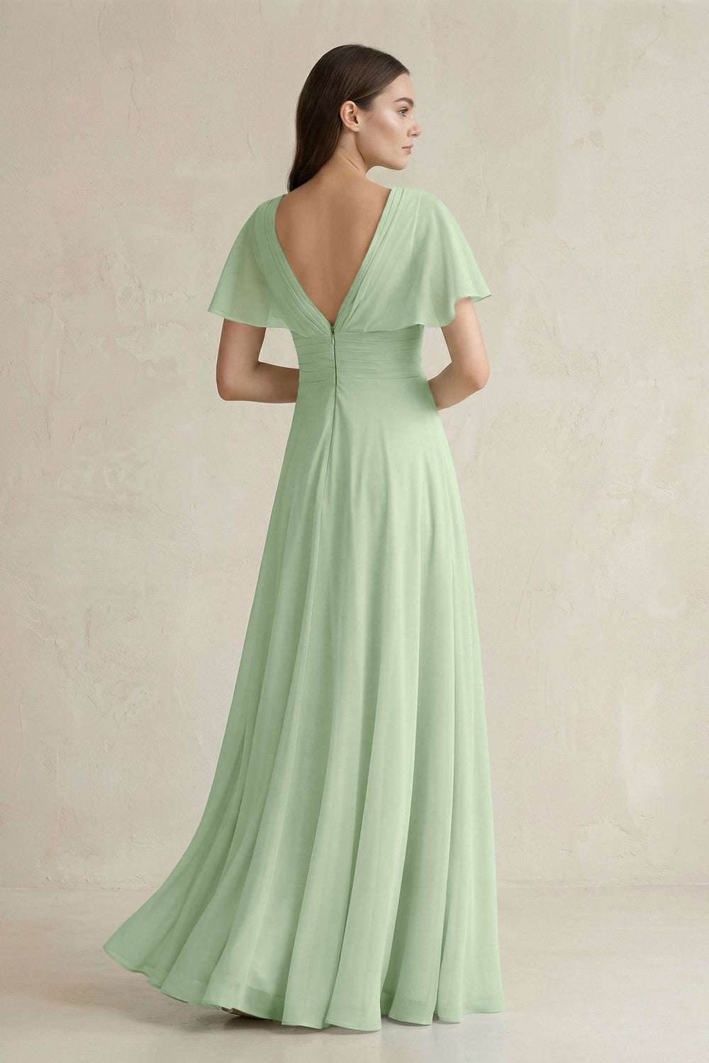 V - Neck Ruffled Sleeve A - Line Chiffon Bridesmaid Dress in Sage - SHE IS ME Bridesmaid Dresses