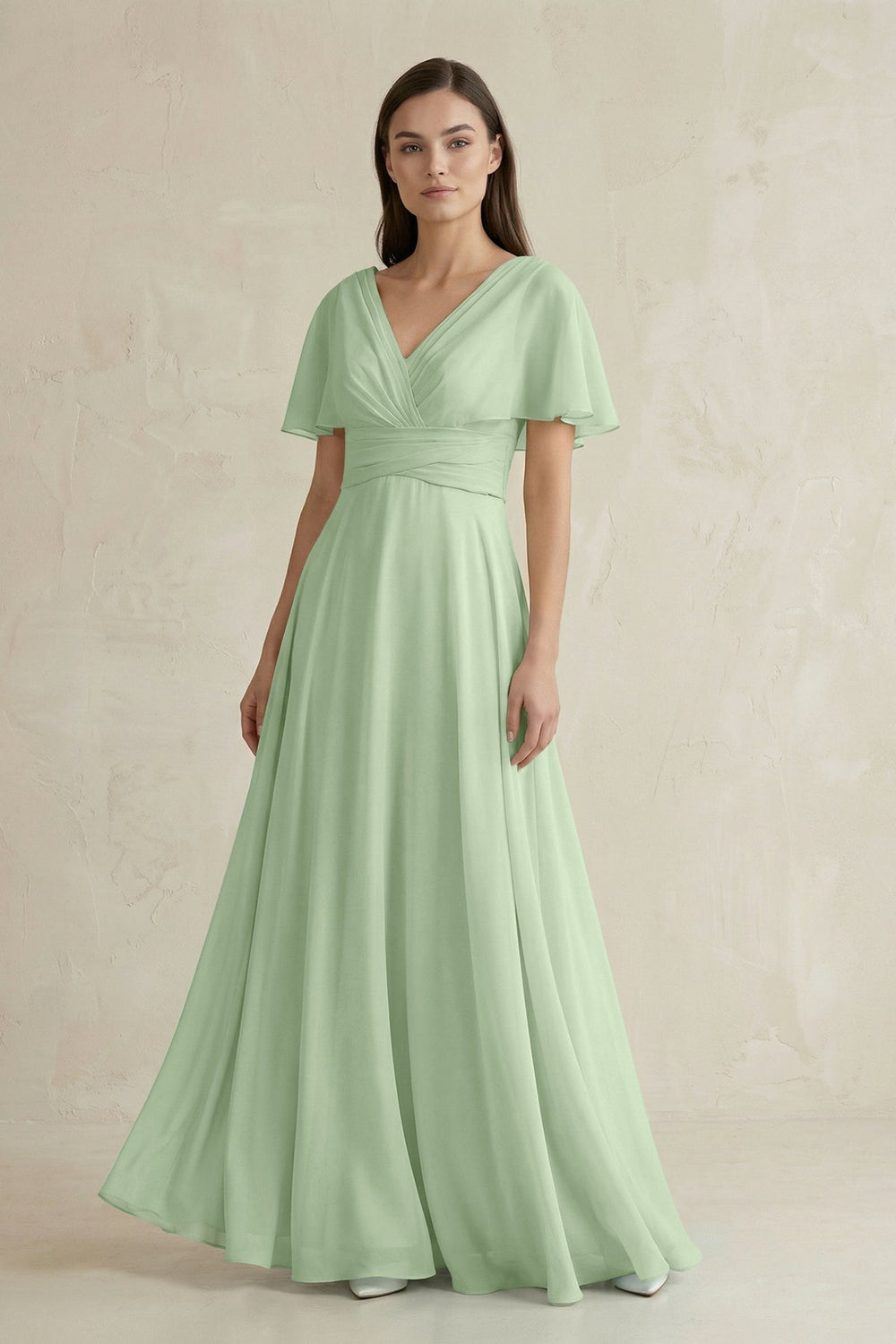 V - Neck Ruffled Sleeve A - Line Chiffon Bridesmaid Dress in Sage - SHE IS ME Bridesmaid Dresses