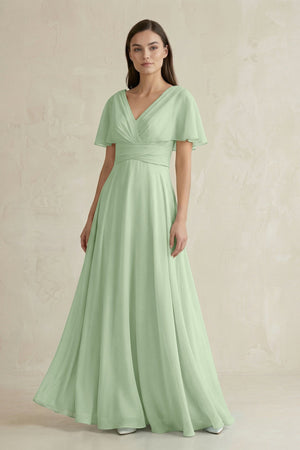 V - Neck Ruffled Sleeve A - Line Chiffon Bridesmaid Dress in Sage - SHE IS ME Bridesmaid Dresses