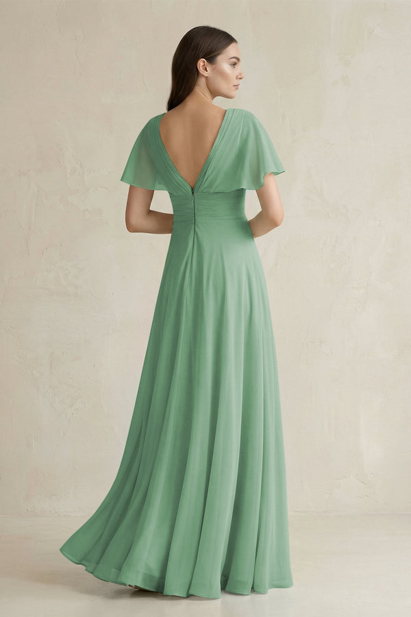 V - Neck Ruffled Sleeve A - Line Chiffon Bridesmaid Dress in Sea Glass - SHE IS ME Bridesmaid Dresses