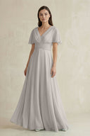 V - Neck Ruffled Sleeve A - Line Chiffon Bridesmaid Dress in Silver - SHE IS ME Bridesmaid Dresses