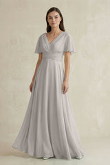 V - Neck Ruffled Sleeve A - Line Chiffon Bridesmaid Dress in Silver - KISS BRIDAL Bridesmaid Dresses