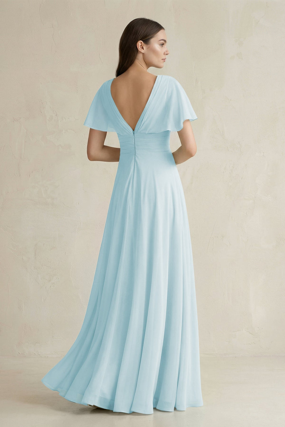V - Neck Ruffled Sleeve A - Line Chiffon Bridesmaid Dress in Sky Blue - SHE IS ME Bridesmaid Dresses