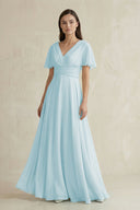 V - Neck Ruffled Sleeve A - Line Chiffon Bridesmaid Dress in Sky Blue - SHE IS ME Bridesmaid Dresses