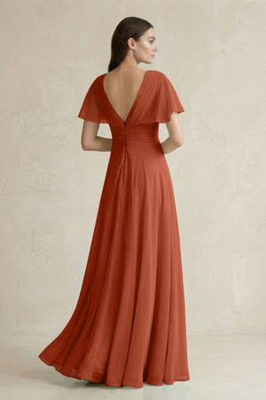 V - Neck Ruffled Sleeve A - Line Chiffon Bridesmaid Dress in Spice - SHE IS ME Bridesmaid Dresses