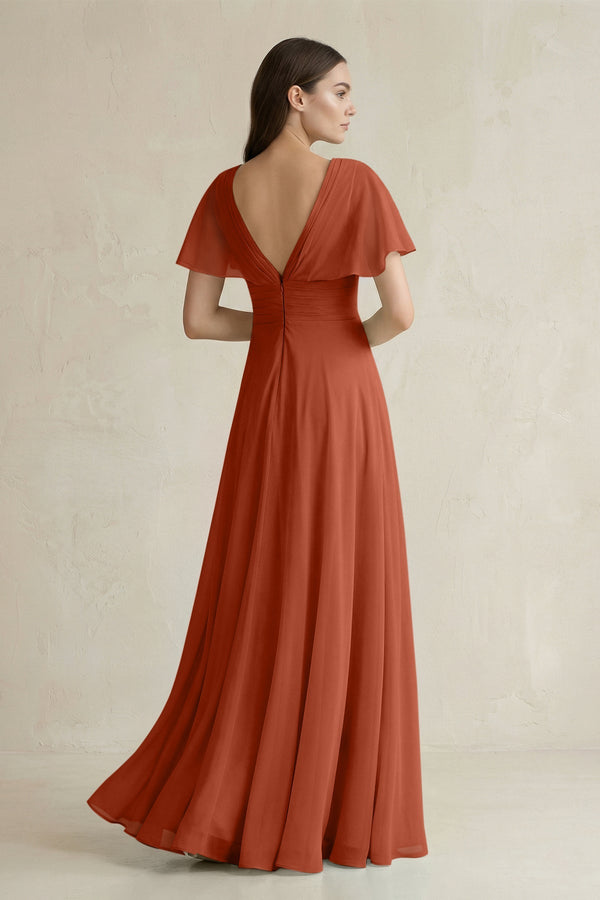 V - Neck Ruffled Sleeve A - Line Chiffon Bridesmaid Dress in Spice - SHE IS ME Bridesmaid Dresses