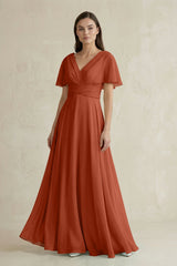 V - Neck Ruffled Sleeve A - Line Chiffon Bridesmaid Dress in Spice - KISS BRIDAL Bridesmaid Dresses
