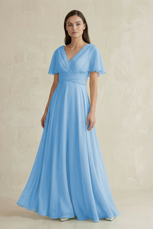 V - Neck Ruffled Sleeve A - Line Chiffon Bridesmaid Dress in Steel Blue - SHE IS ME Bridesmaid Dresses