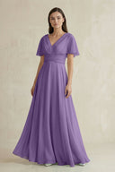 V - Neck Ruffled Sleeve A - Line Chiffon Bridesmaid Dress in Tahiti - SHE IS ME Bridesmaid Dresses