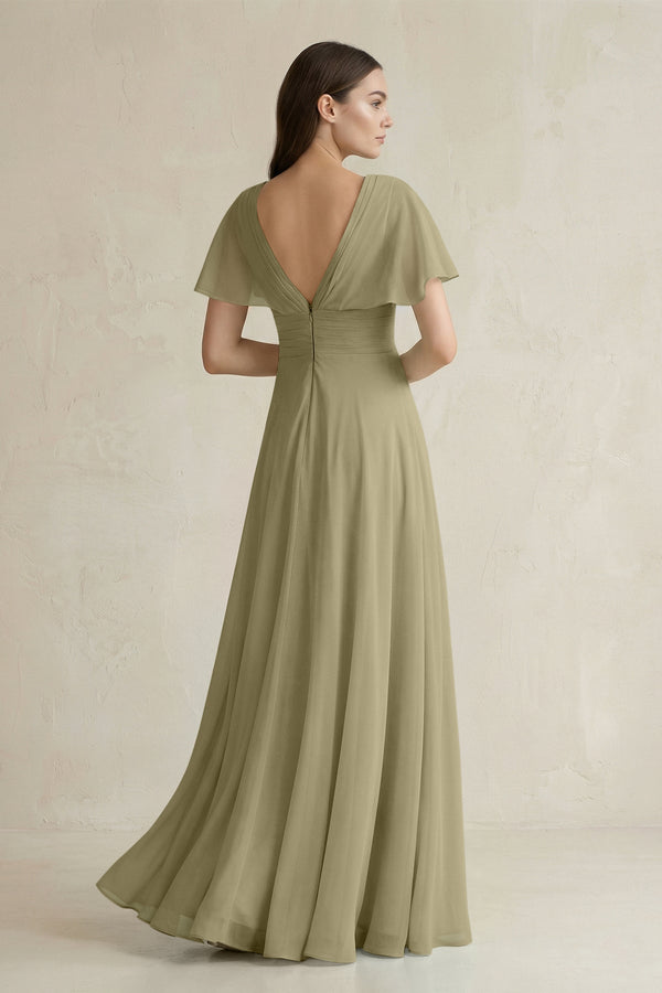 V - Neck Ruffled Sleeve A - Line Chiffon Bridesmaid Dress in Thyme - SHE IS ME Bridesmaid Dresses