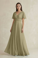 V - Neck Ruffled Sleeve A - Line Chiffon Bridesmaid Dress in Thyme - SHE IS ME Bridesmaid Dresses