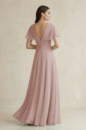 V-Neck Ruffled Sleeve A-Line Chiffon Bridesmaid Dress in Toffee (2) | KISSBRIDAL