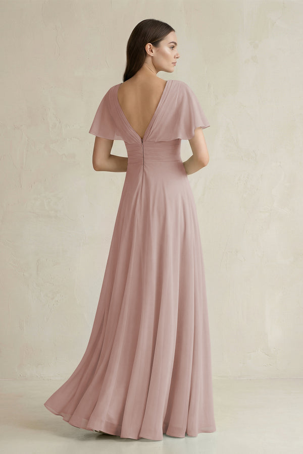 V-Neck Ruffled Sleeve A-Line Chiffon Bridesmaid Dress in Toffee (2) | KISSBRIDAL