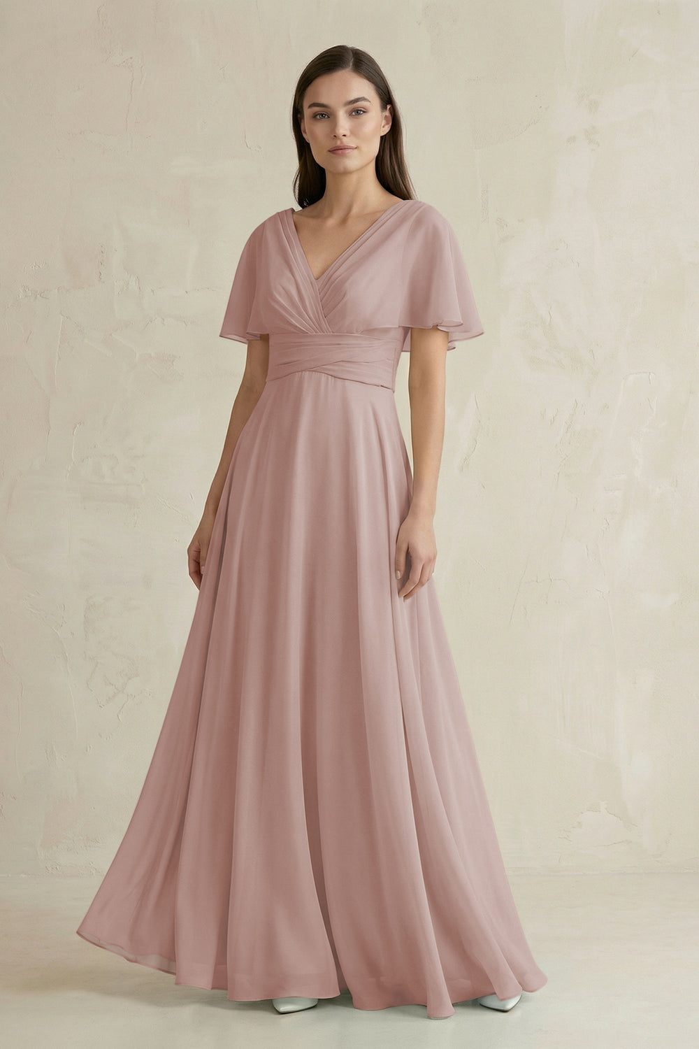 V-Neck Ruffled Sleeve A-Line Chiffon Bridesmaid Dress in Toffee