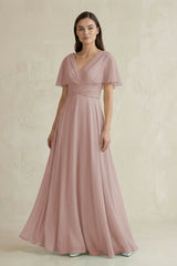 V-Neck Ruffled Sleeve A-Line Chiffon Bridesmaid Dress in Toffee | KISSBRIDAL