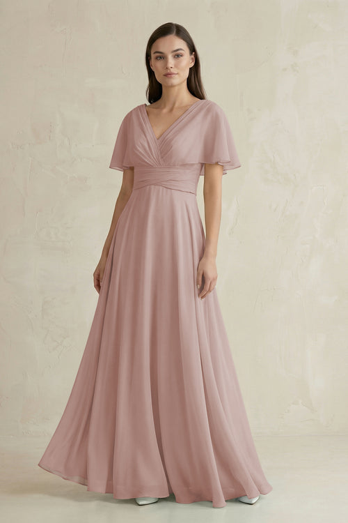 V-Neck Ruffled Sleeve A-Line Chiffon Bridesmaid Dress in Toffee | KISSBRIDAL