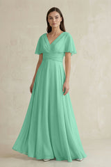 V - Neck Ruffled Sleeve A - Line Chiffon Bridesmaid Dress in Turquoise - KISS BRIDAL Bridesmaid Dresses