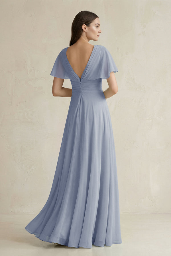 V - Neck Ruffled Sleeve A - Line Chiffon Bridesmaid Dress in Twilight - SHE IS ME Bridesmaid Dresses