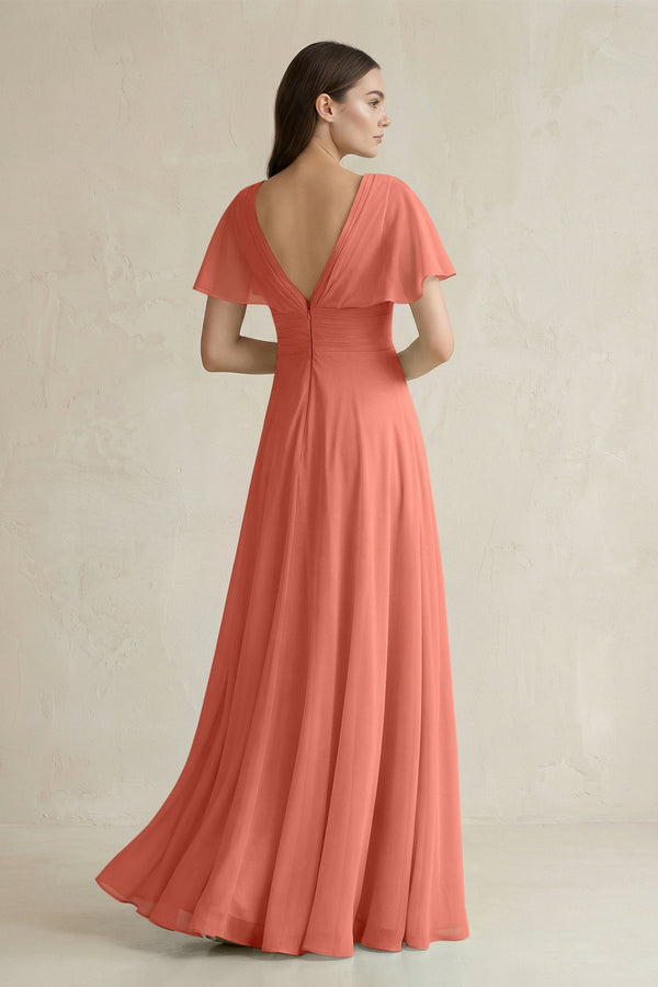 V - Neck Ruffled Sleeve A - Line Chiffon Bridesmaid Dress in Wild Rose - SHE IS ME Bridesmaid Dresses