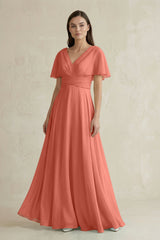V - Neck Ruffled Sleeve A - Line Chiffon Bridesmaid Dress in Wild Rose - KISS BRIDAL Bridesmaid Dresses