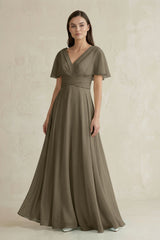 V - Neck Ruffled Sleeve A - Line Chiffon Bridesmaid Dress in Willow Green - KISS BRIDAL Bridesmaid Dresses