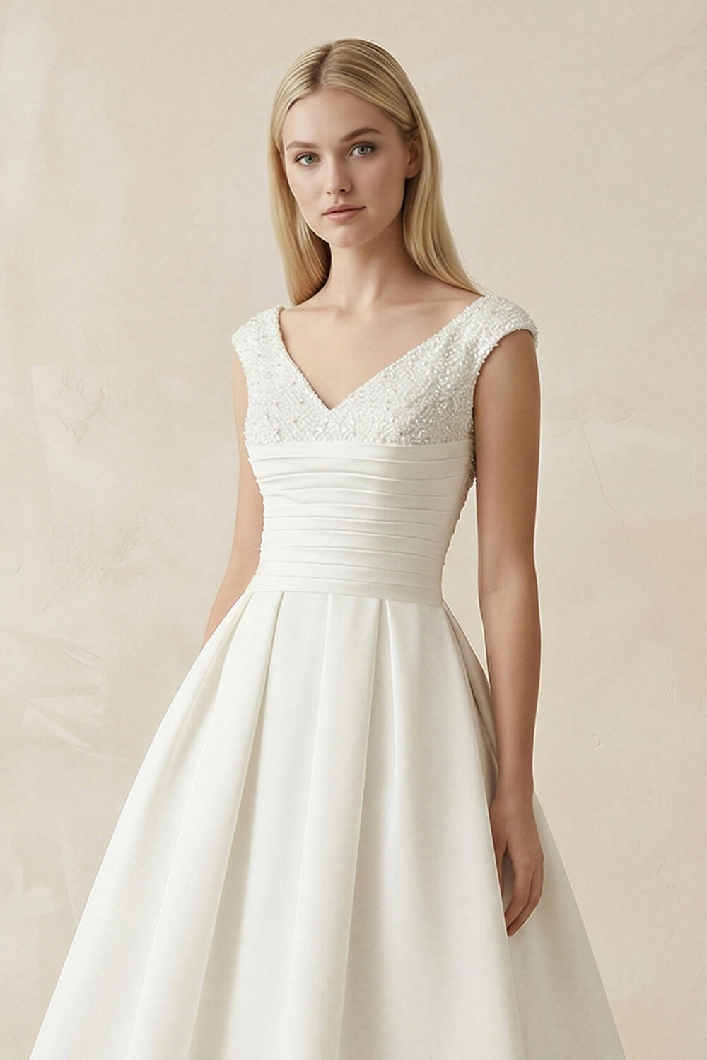 V - Neck Satin A - Line Midi Beaded Wedding Dress in White - KISS BRIDAL Wedding Dresses