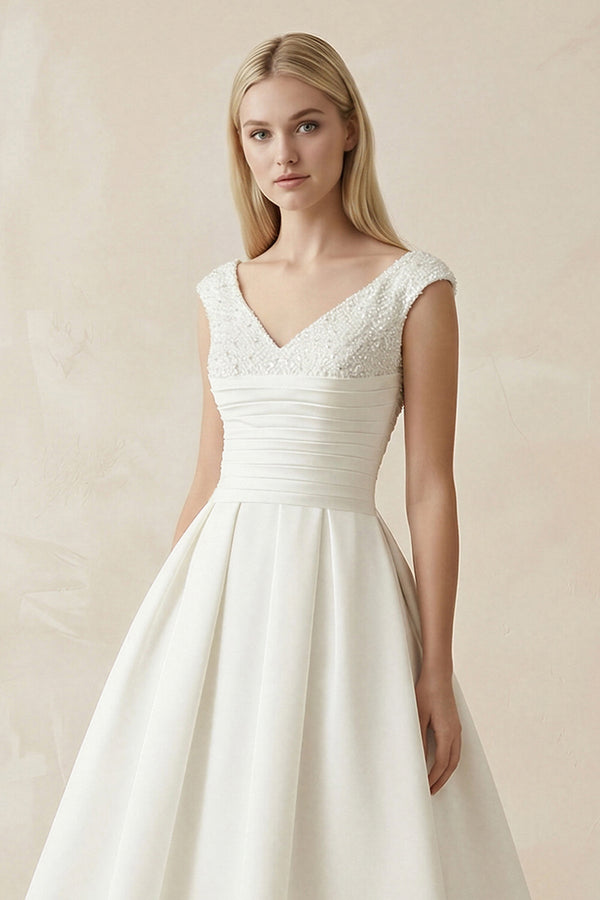 V - Neck Satin A - Line Midi Beaded Wedding Dress in White - SHE IS ME Wedding Dresses