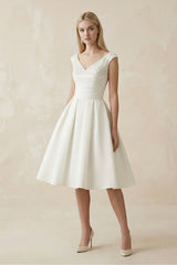 V - Neck Satin A - Line Midi Beaded Wedding Dress in White - KISS BRIDAL Wedding Dresses