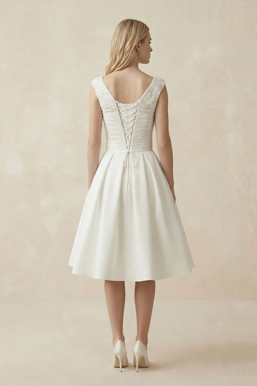V - Neck Satin A - Line Midi Beaded Wedding Dress in White - KISS BRIDAL Wedding Dresses