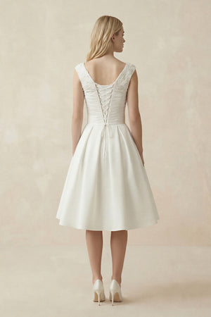 V - Neck Satin A - Line Midi Beaded Wedding Dress in White - KISS BRIDAL Wedding Dresses