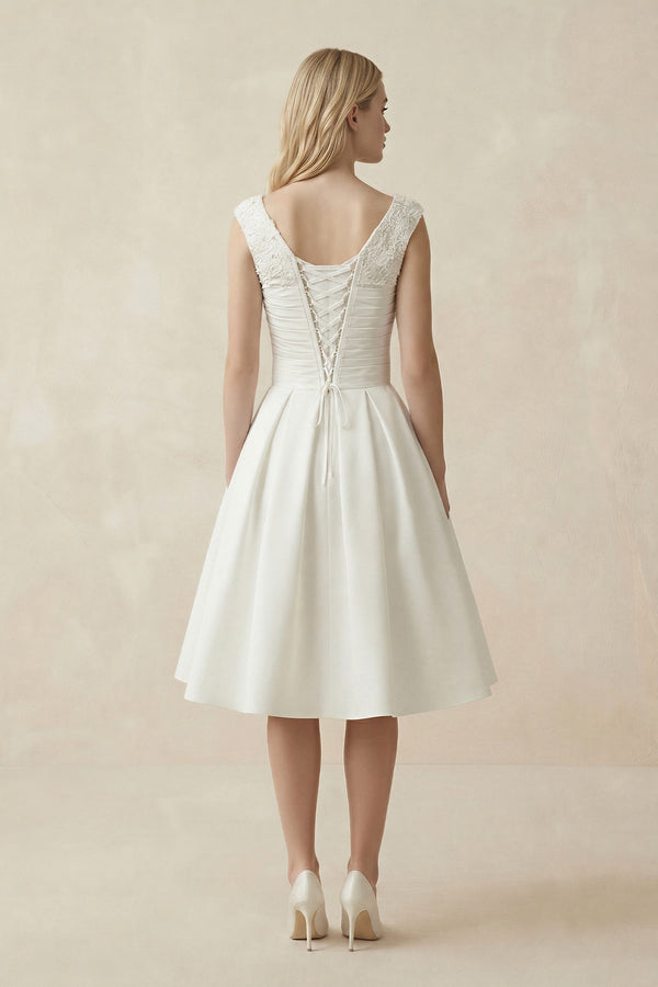 V - Neck Satin A - Line Midi Beaded Wedding Dress in White - KISS BRIDAL Wedding Dresses