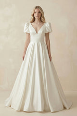 V - Neck Satin A - Line Ruched Wedding Dress with Puff Sleeves in White - KISS BRIDAL Wedding Dresses