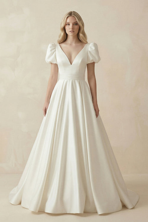 V - Neck Satin A - Line Ruched Wedding Dress with Puff Sleeves in White - SHE IS ME Wedding Dresses