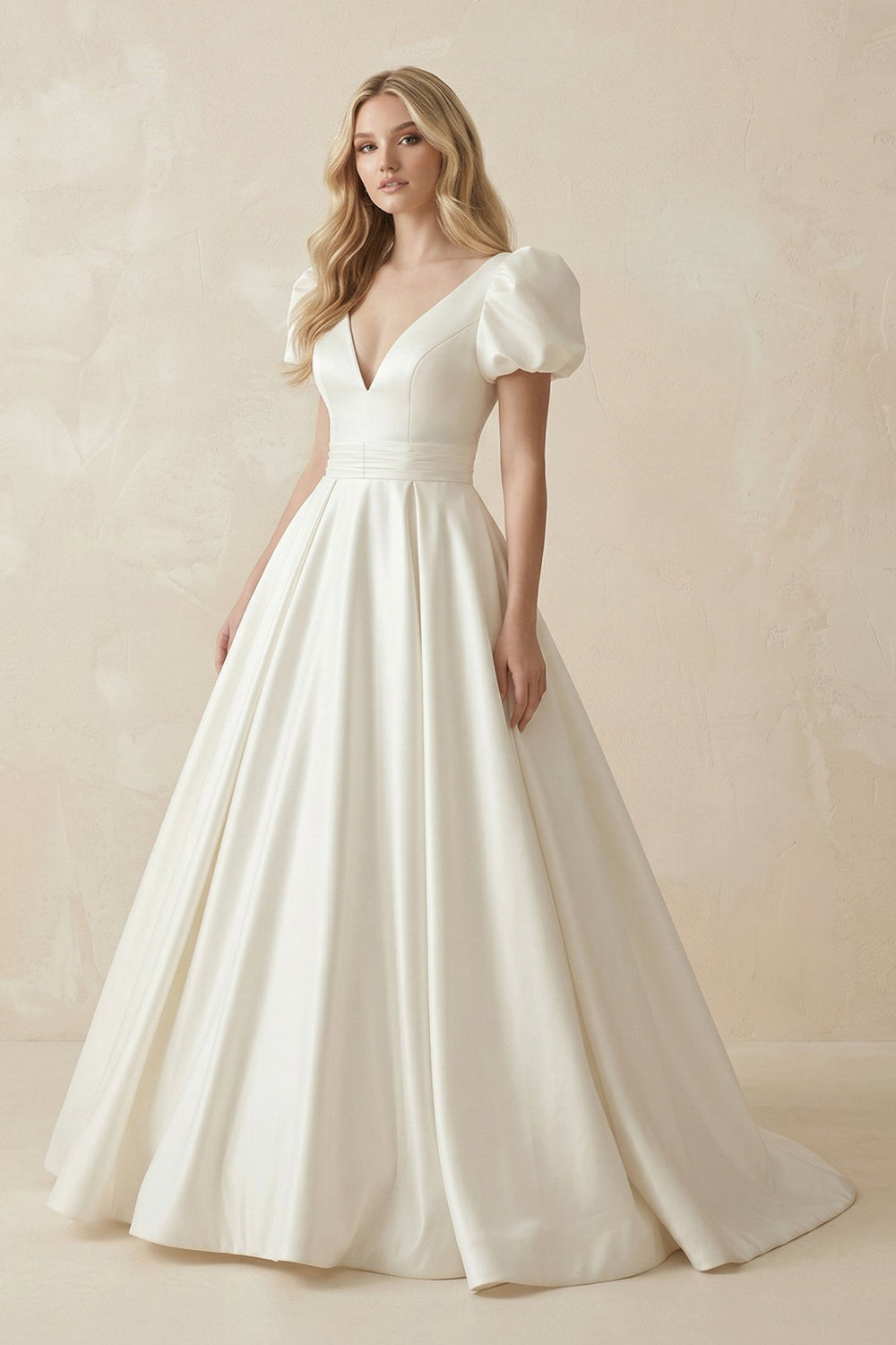 V - Neck Satin A - Line Ruched Wedding Dress with Puff Sleeves in White - KISS BRIDAL Wedding Dresses