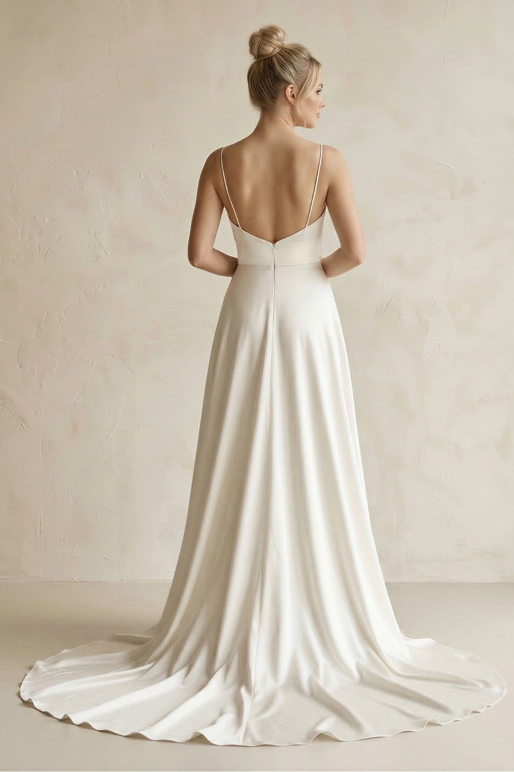 V - Neck Satin A - Line Wedding Dress in White - KISS BRIDAL Wedding Dresses