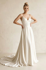 V - Neck Satin A - Line Wedding Dress in White - KISS BRIDAL Wedding Dresses