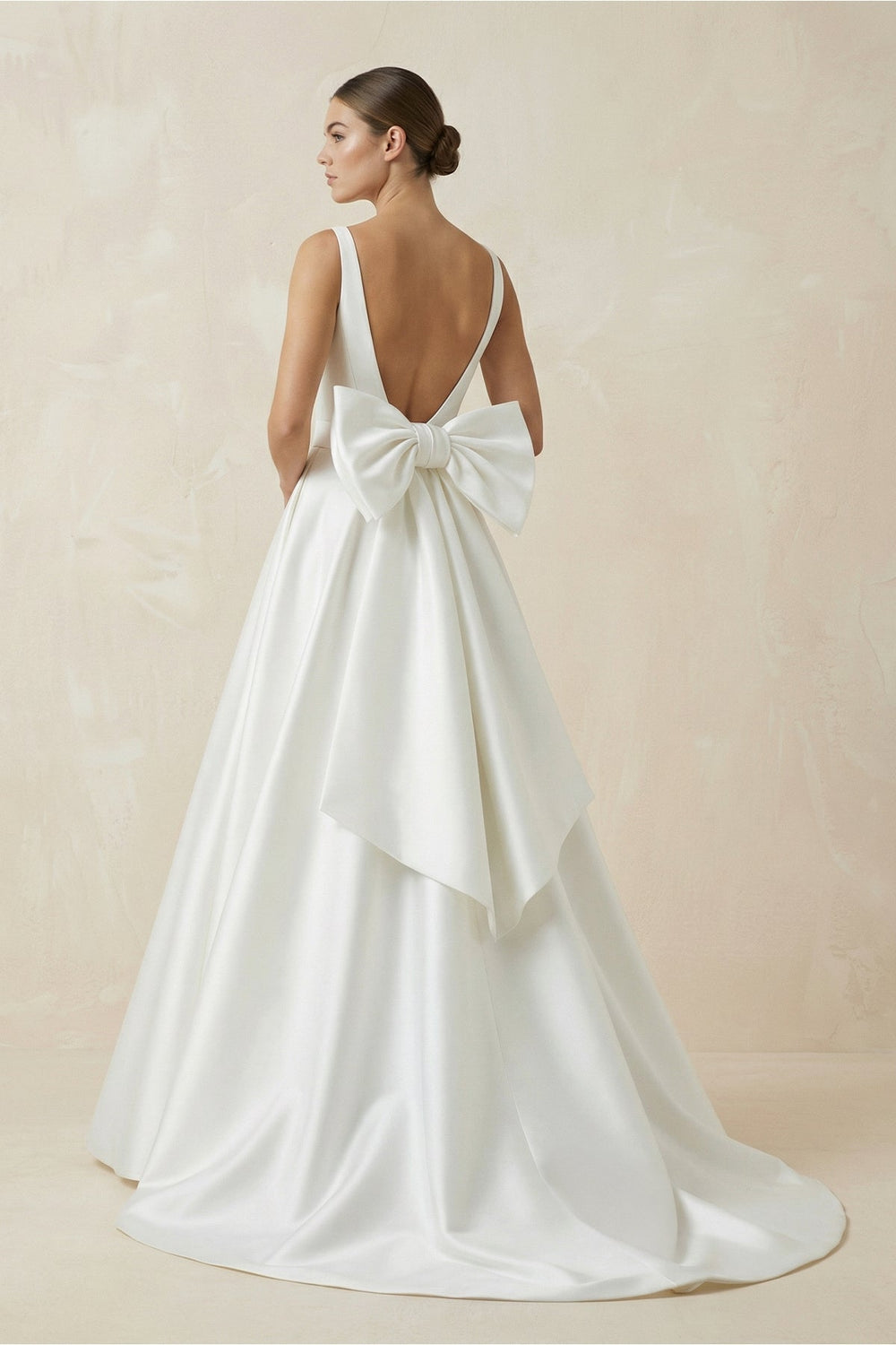 V - Neck Satin A - Line Wedding Dress With Bow in White - KISS BRIDAL Wedding Dresses