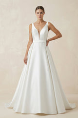 V - Neck Satin A - Line Wedding Dress With Bow in White - KISS BRIDAL Wedding Dresses