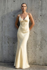 V Neck Satin Maxi Dress in Yellow - KISS BRIDAL