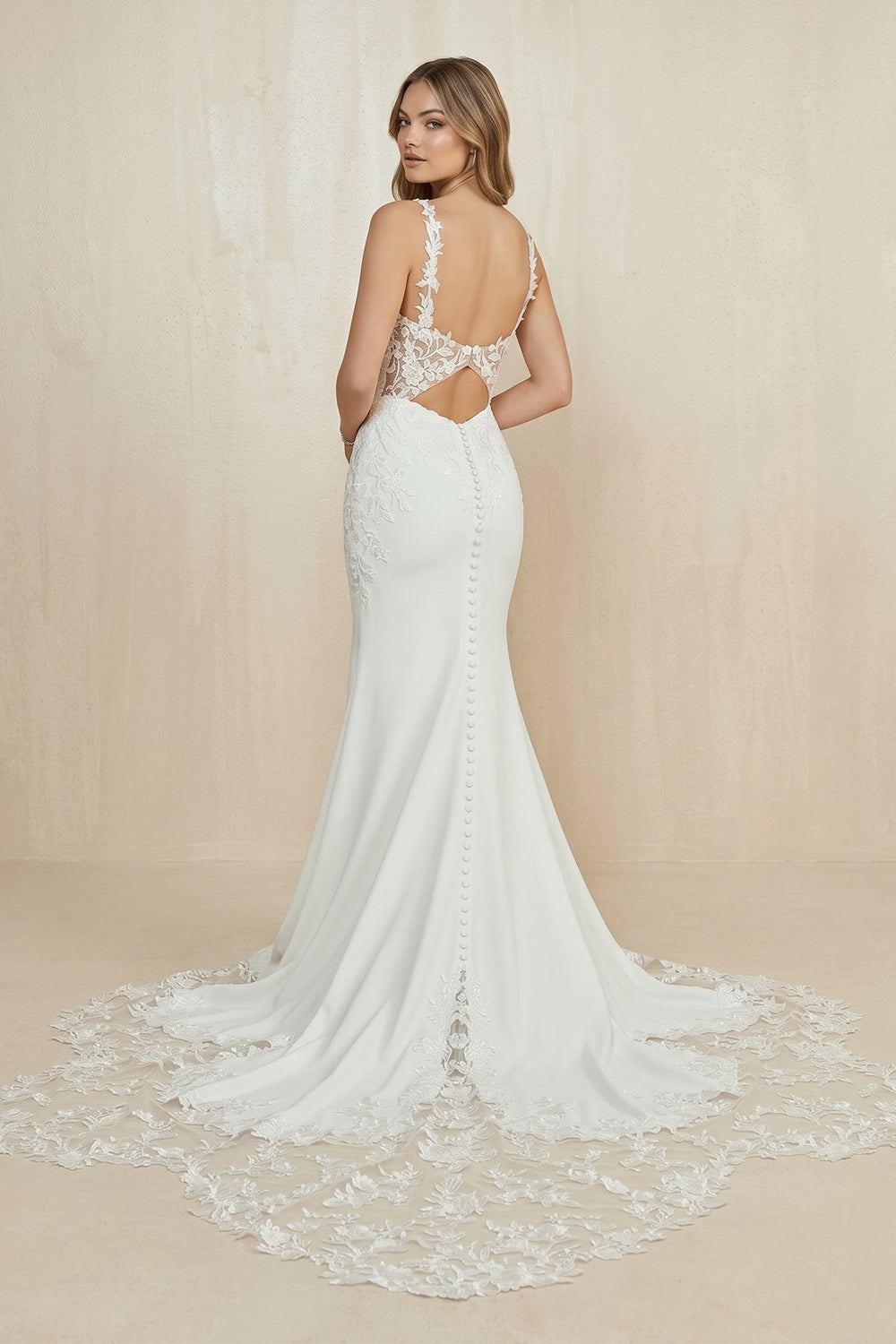 V Neck Satin Mermaid Appliqued Wedding Dress in White - KISS BRIDAL Wedding Dresses