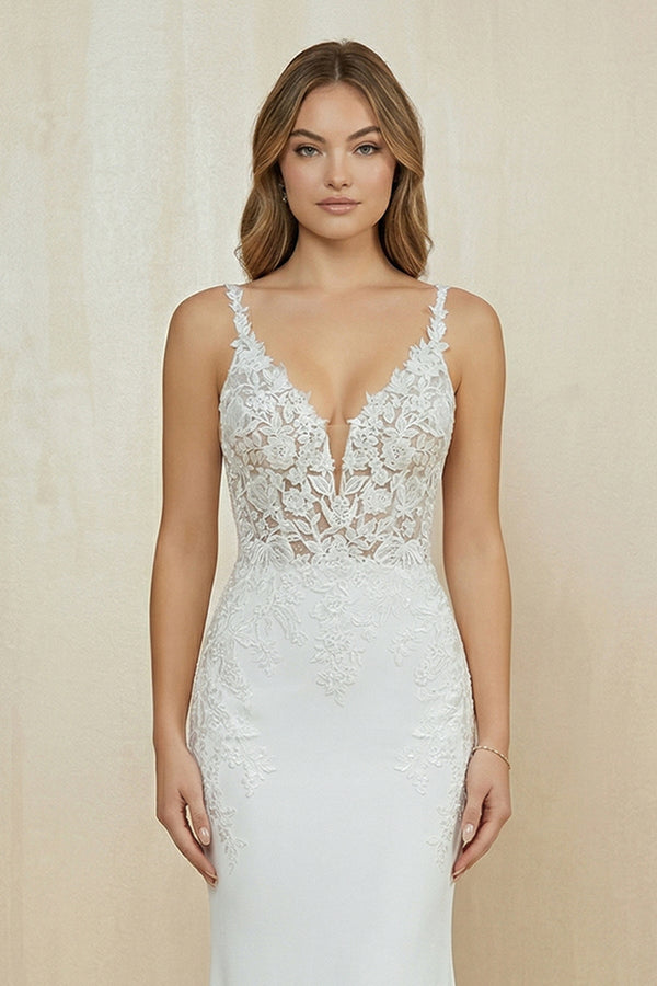 V Neck Satin Mermaid Appliqued Wedding Dress in White - SHE IS ME Wedding Dresses