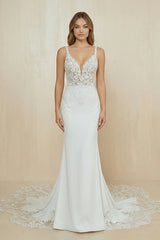 V Neck Satin Mermaid Appliqued Wedding Dress in White - KISS BRIDAL Wedding Dresses