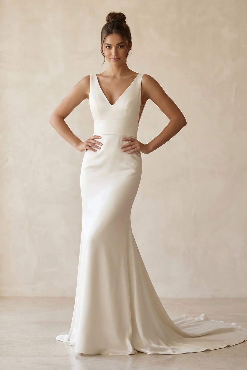 V - Neck Satin Mermaid Maxi Wedding Dress in White - KISS BRIDAL Wedding Dresses