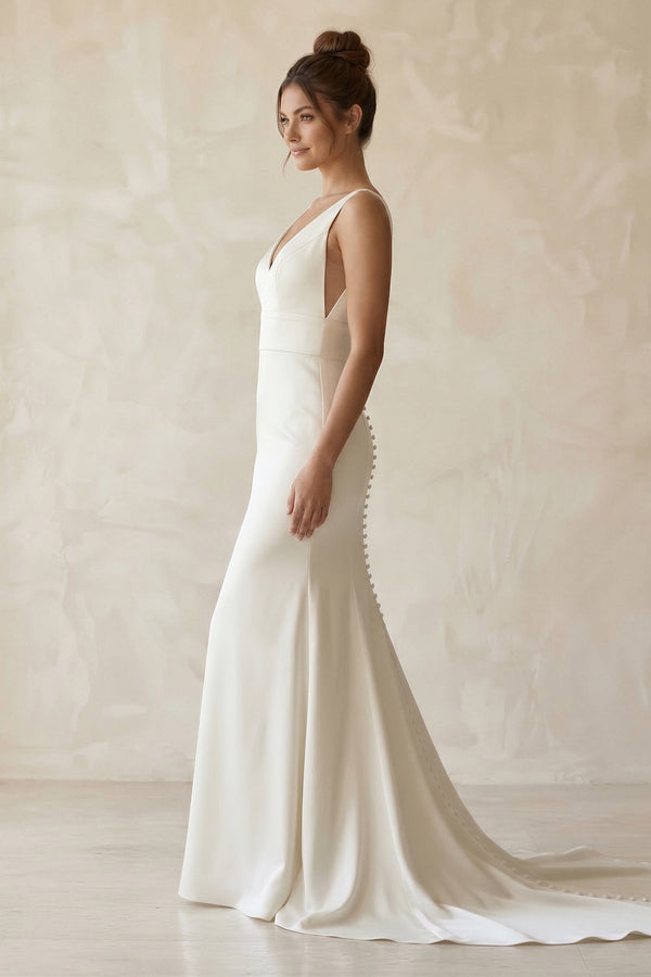 V - Neck Satin Mermaid Maxi Wedding Dress in White - SHE IS ME Wedding Dresses