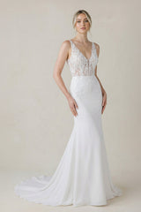 V Neck Satin Mermaid Wedding Dress in White - KISS BRIDAL Wedding Dresses