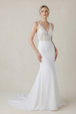 V Neck Satin Mermaid Wedding Dress in White - SHE IS ME Wedding Dresses