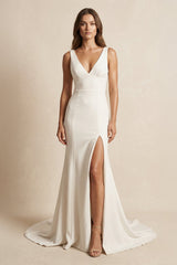 V - Neck Satin Mermaid Wedding Dress With Slit in Ivory - KISS BRIDAL Wedding Dresses