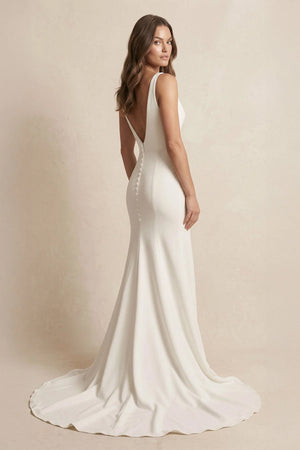 V - Neck Satin Mermaid Wedding Dress With Slit in Ivory - KISS BRIDAL Wedding Dresses