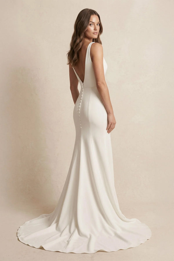 V - Neck Satin Mermaid Wedding Dress With Slit in Ivory - KISS BRIDAL Wedding Dresses