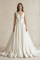 V - Neck Satin Ruched Ball Gown Wedding Dress in White - SHE IS ME Wedding Dresses